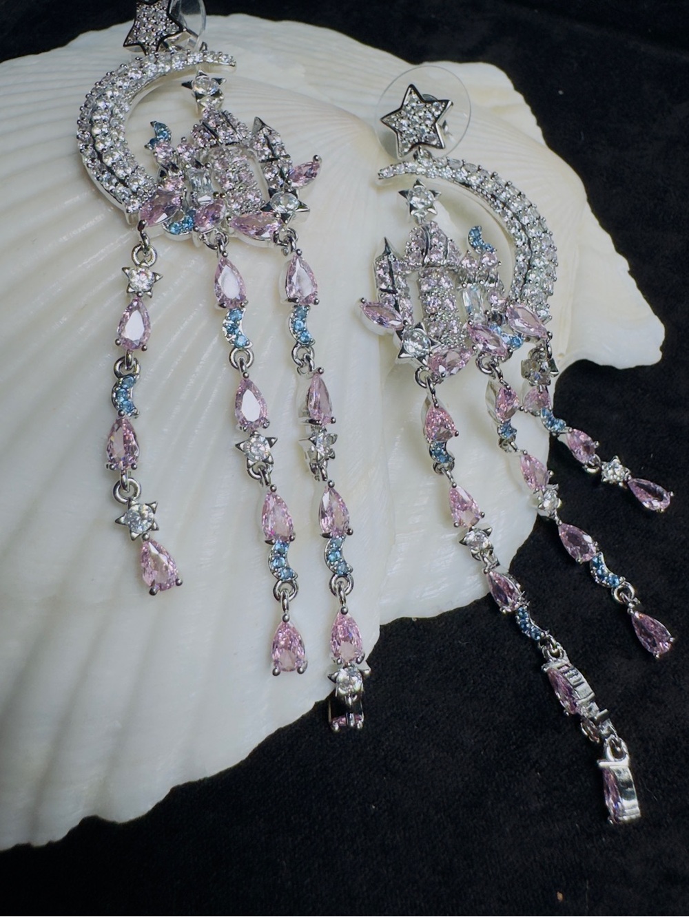 Silver Crescent Moon & Pink Teardrop Dangle Earrings - Women Jewelry